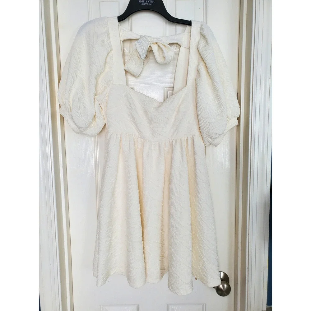 Free People Violet Babydoll Mini Dress Cream Textured Puff Sleeve Tie Back XS